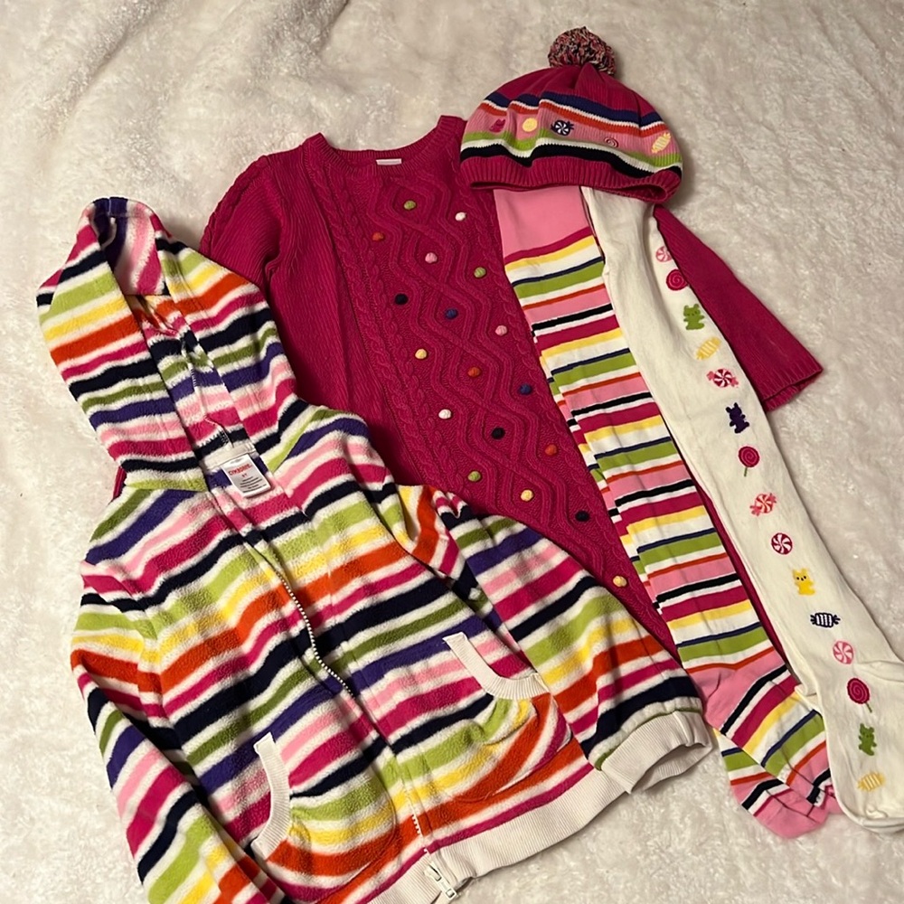 EUC Gymboree candy themed sweater dress, fleece jacket, tights, hat, girls 5/5T